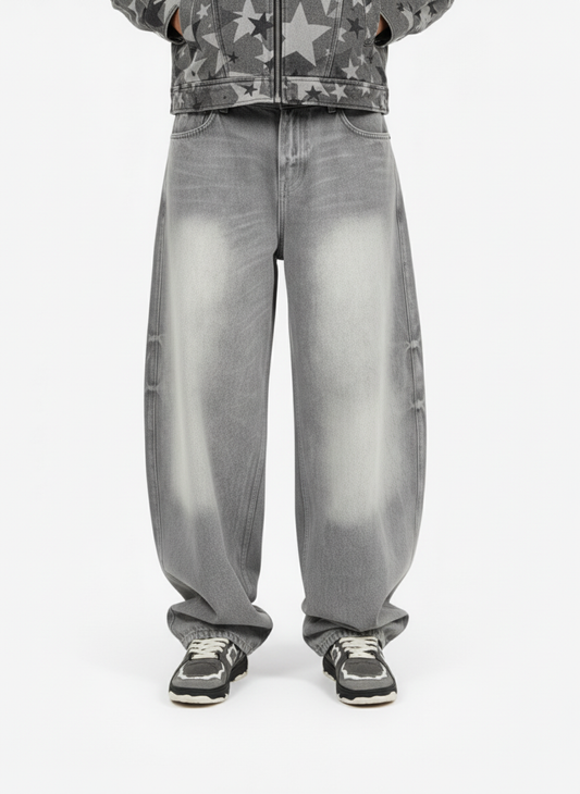 Retro Washed Distressed Curved Blade Wide-Leg Jeans - Luxuryurbanwear