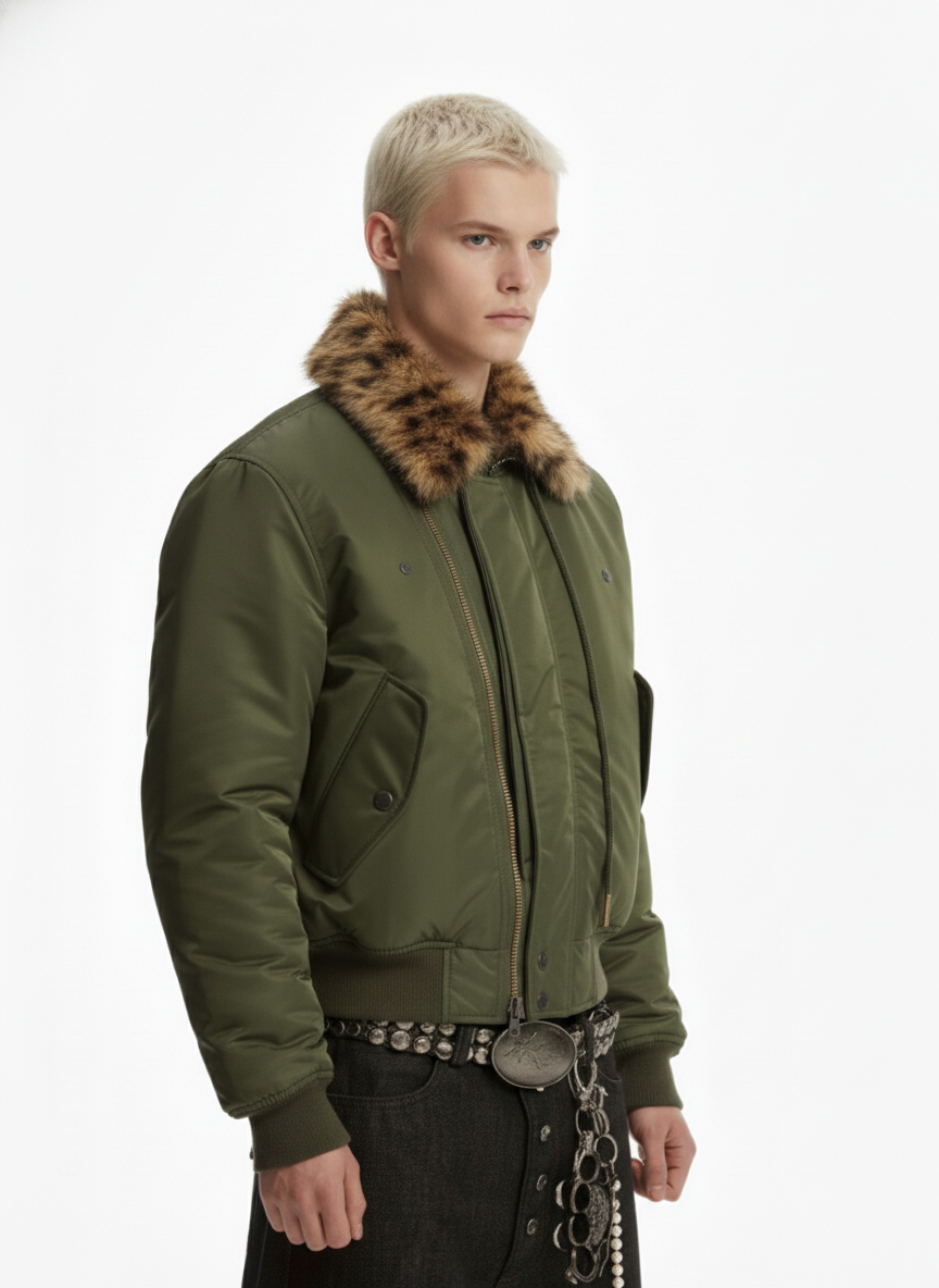 Retro Leopard Fur Collar Asymmetrical Zip Padded Jacket - Luxuryurbanwear