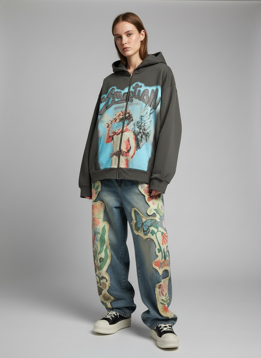 Vintage Blindfolded Angel Rhinestone Zip-Up Hoodie - Luxuryurbanwear