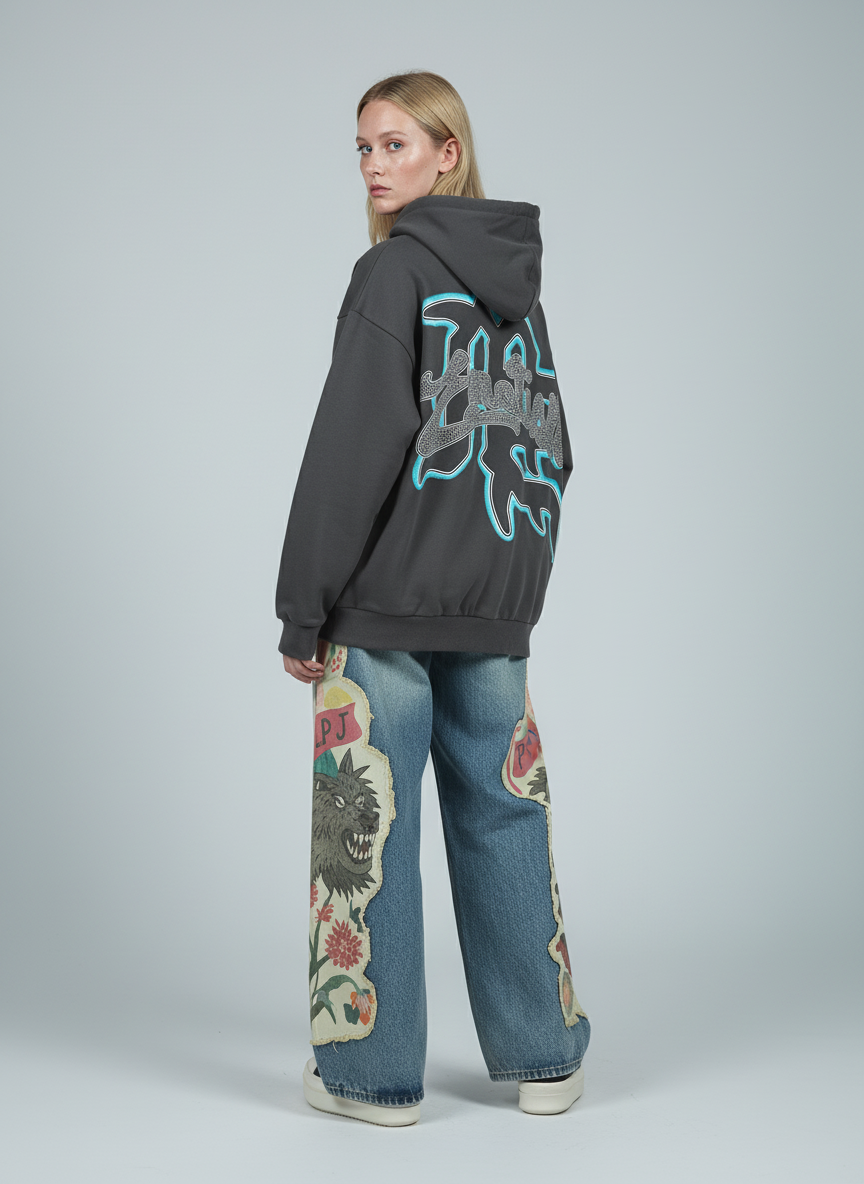 Vintage Blindfolded Angel Rhinestone Zip-Up Hoodie - Luxuryurbanwear