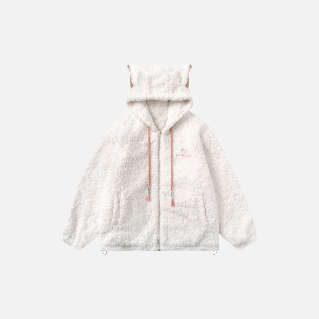 Y2K Cozy Cat Ear Hooded Fleece Furry Jacket - Luxuryurbanwear
