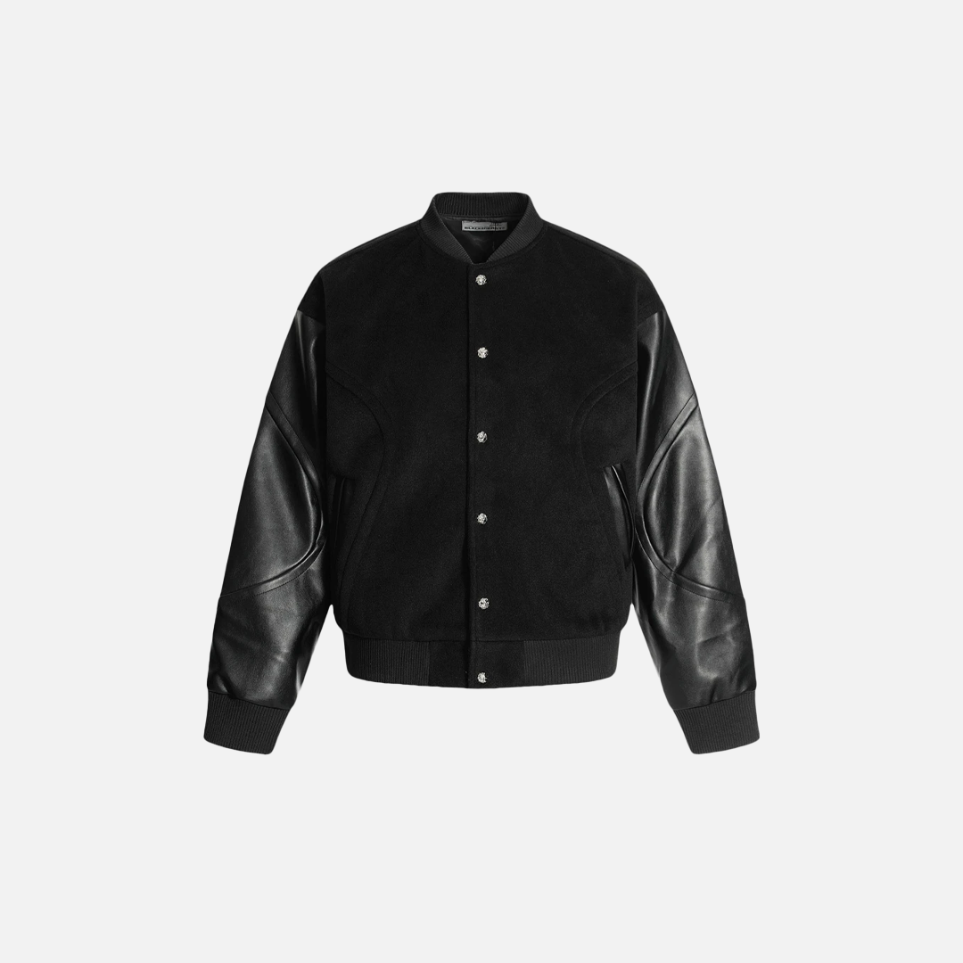 Streetwear Stylish Patchwork Black Leather Varsity Jacket - Luxuryurbanwear