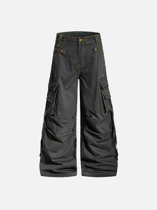Streetwear Pleated Design Wide Leg Denim Jeans - Luxuryurbanwear