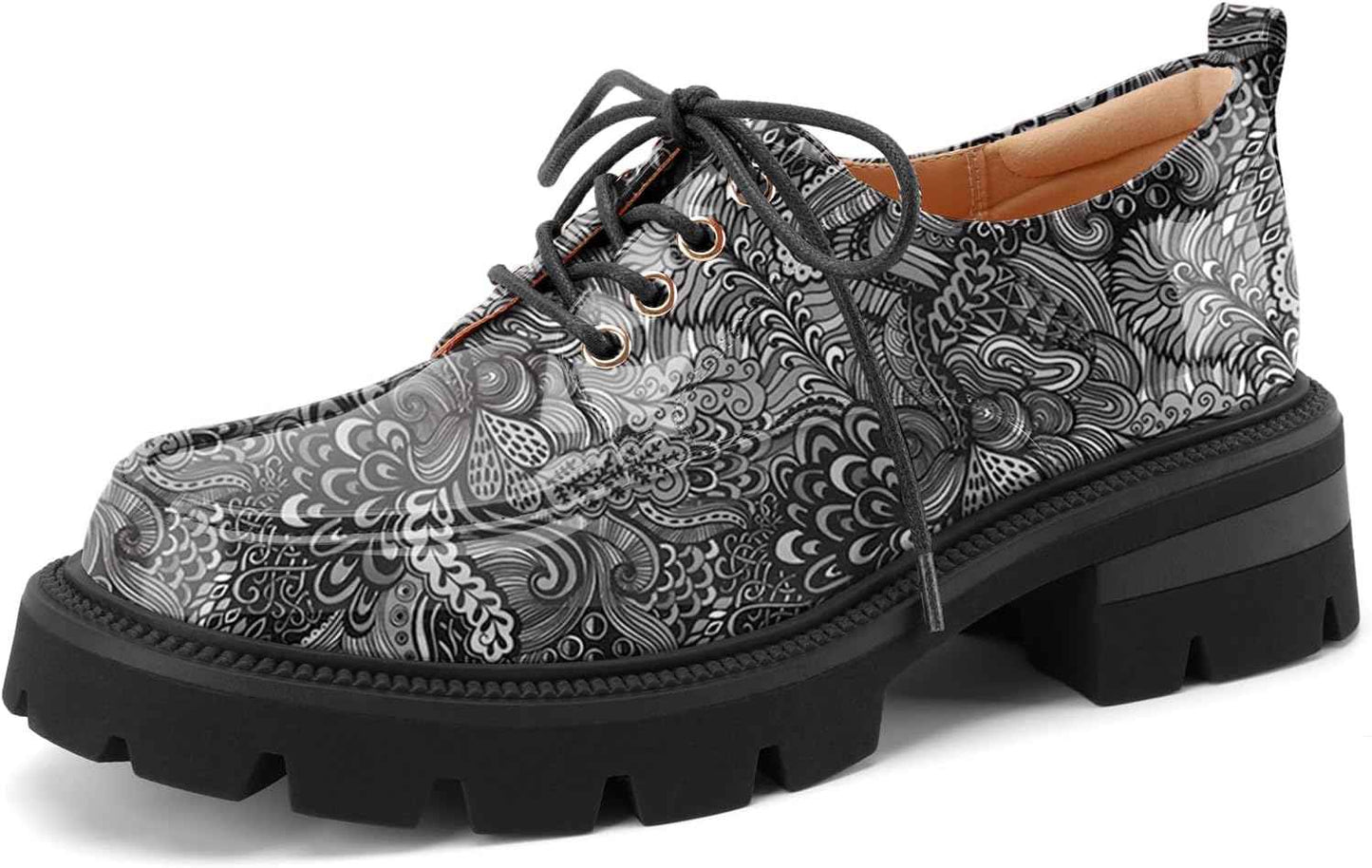 Women's Platform Low Chunky Block Heeled Oxfords Closed Round Toe Lace Up Non-Slip Patent Leather Oxford Heels Lug Sole Casual Dress Comfortable Work Pumps Shoes