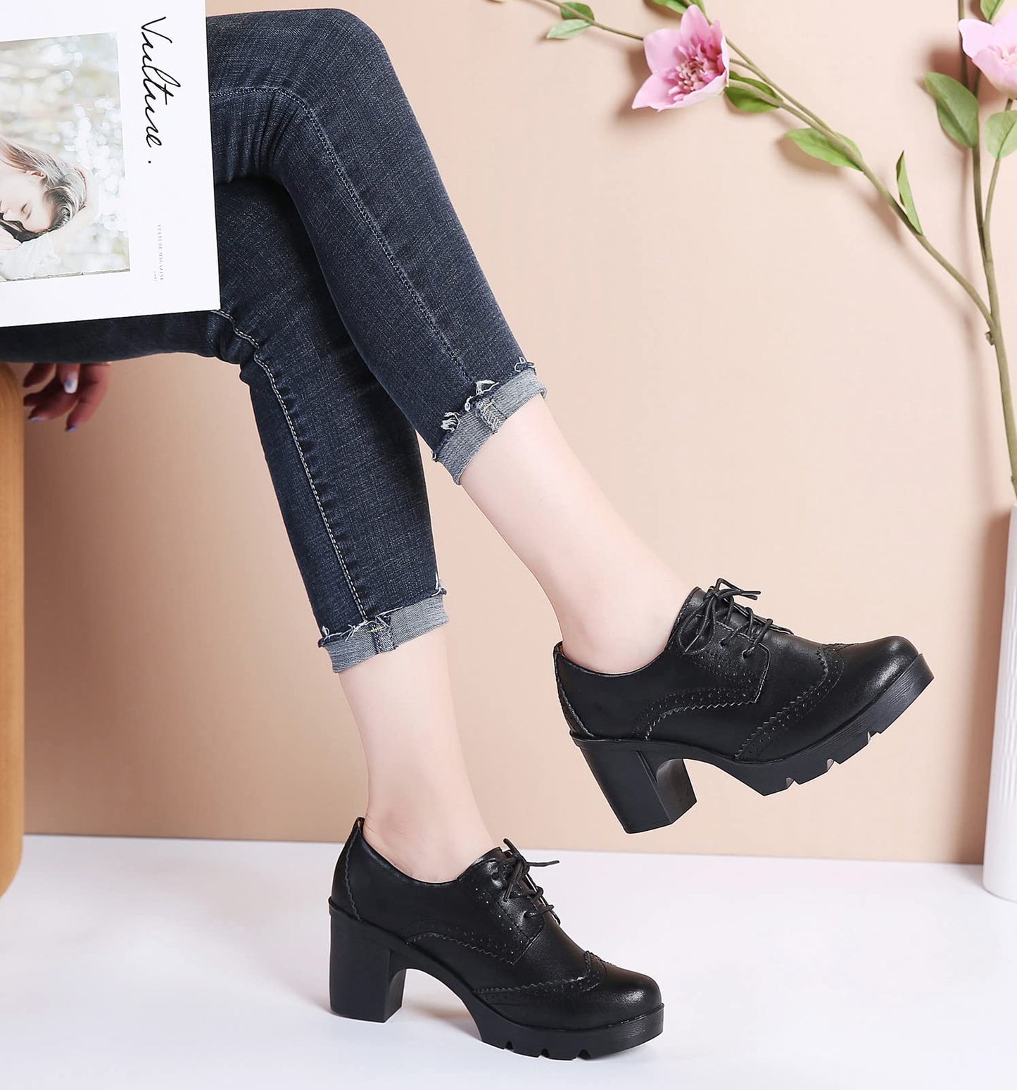 LUW Women's Leather Platform Chunky Oxford Shoes
