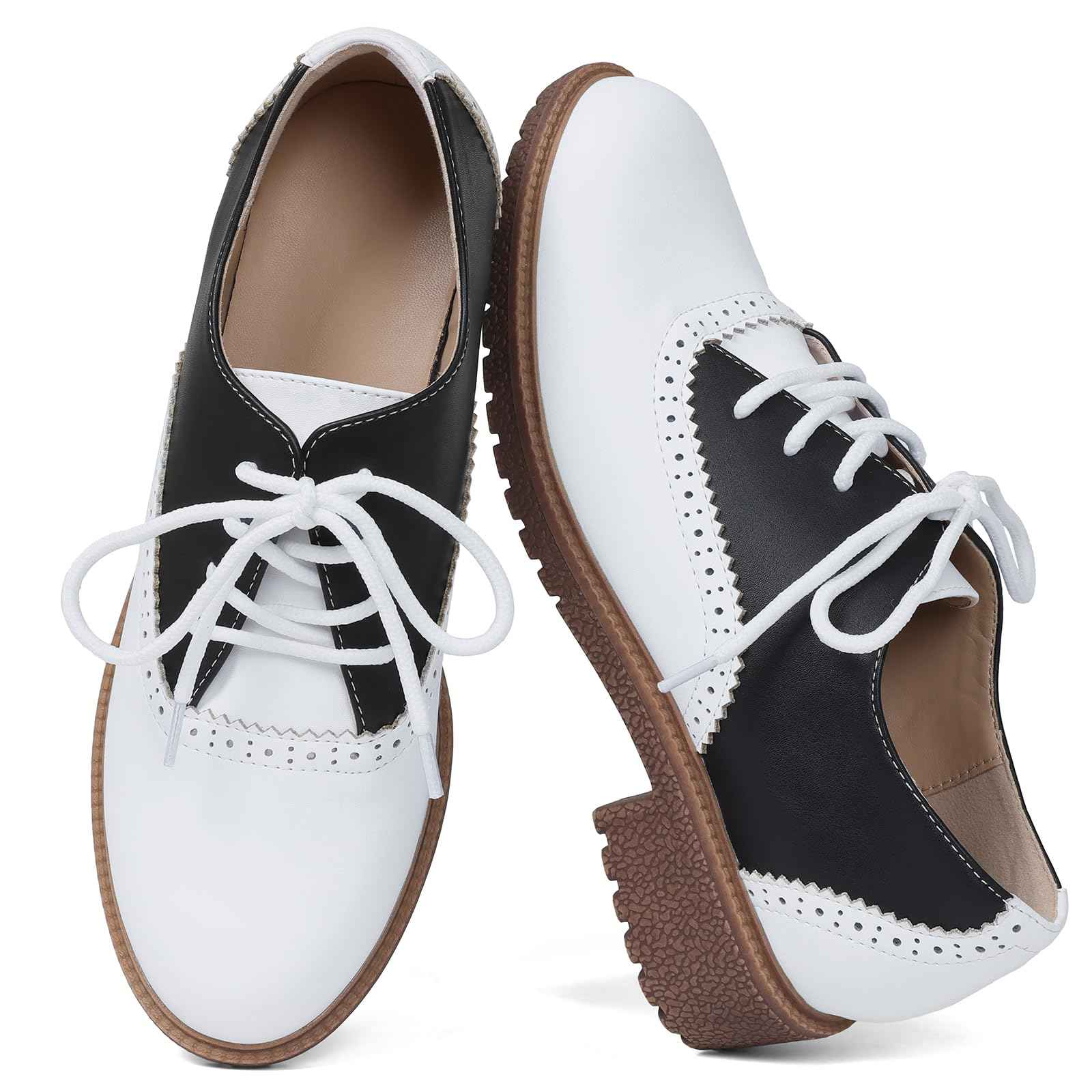 mikarka Vintage Oxford Shoes for Women Perforated Wingtips Brogue Oxfords Low Chunky Heel Lace Up Saddles Dress Pumps Shoes