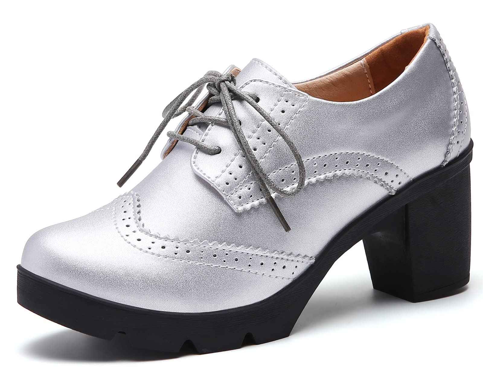 DADAWEN Women's Leather Classic Lace Up Platform Chunky Mid-Heel Square Toe Oxfords Dress Pump Shoes