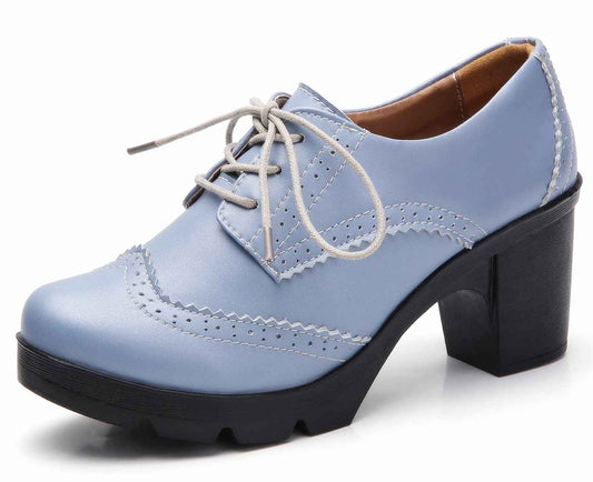 DADAWEN Women's Leather Classic Lace Up Platform Chunky Mid-Heel Square Toe Oxfords Dress Pump Shoes