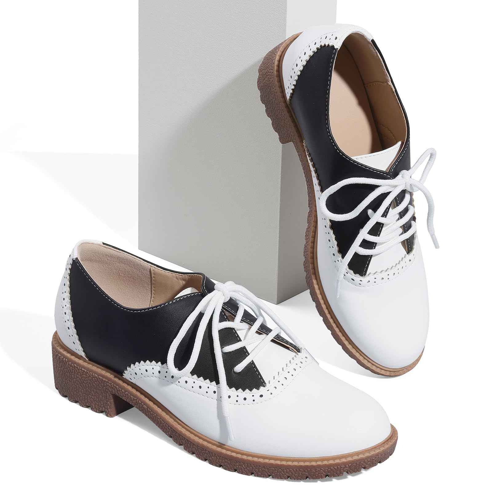 mikarka Vintage Oxford Shoes for Women Perforated Wingtips Brogue Oxfords Low Chunky Heel Lace Up Saddles Dress Pumps Shoes