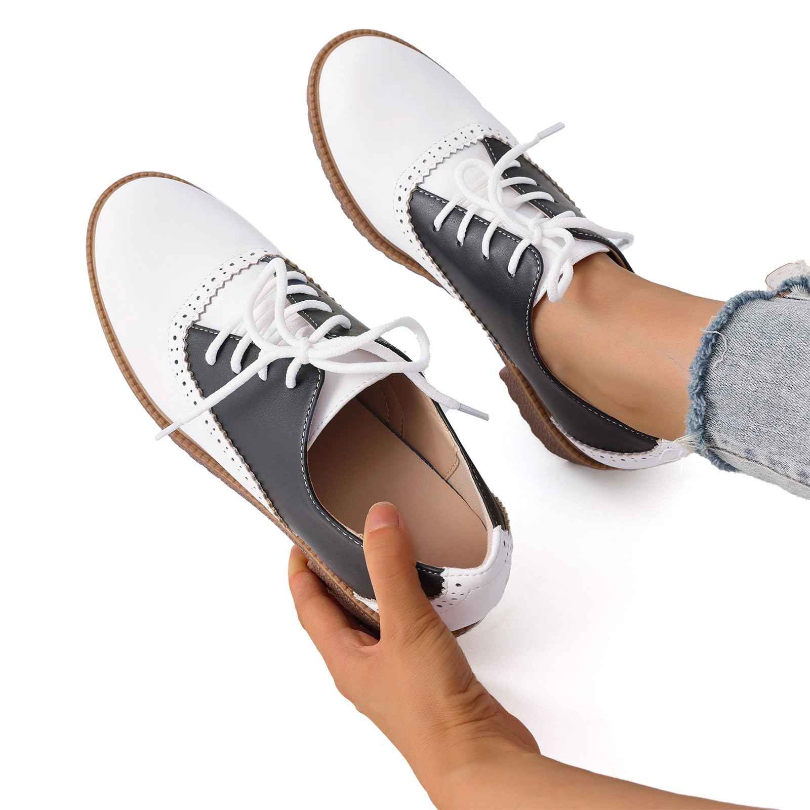 mikarka Vintage Oxford Shoes for Women Perforated Wingtips Brogue Oxfords Low Chunky Heel Lace Up Saddles Dress Pumps Shoes