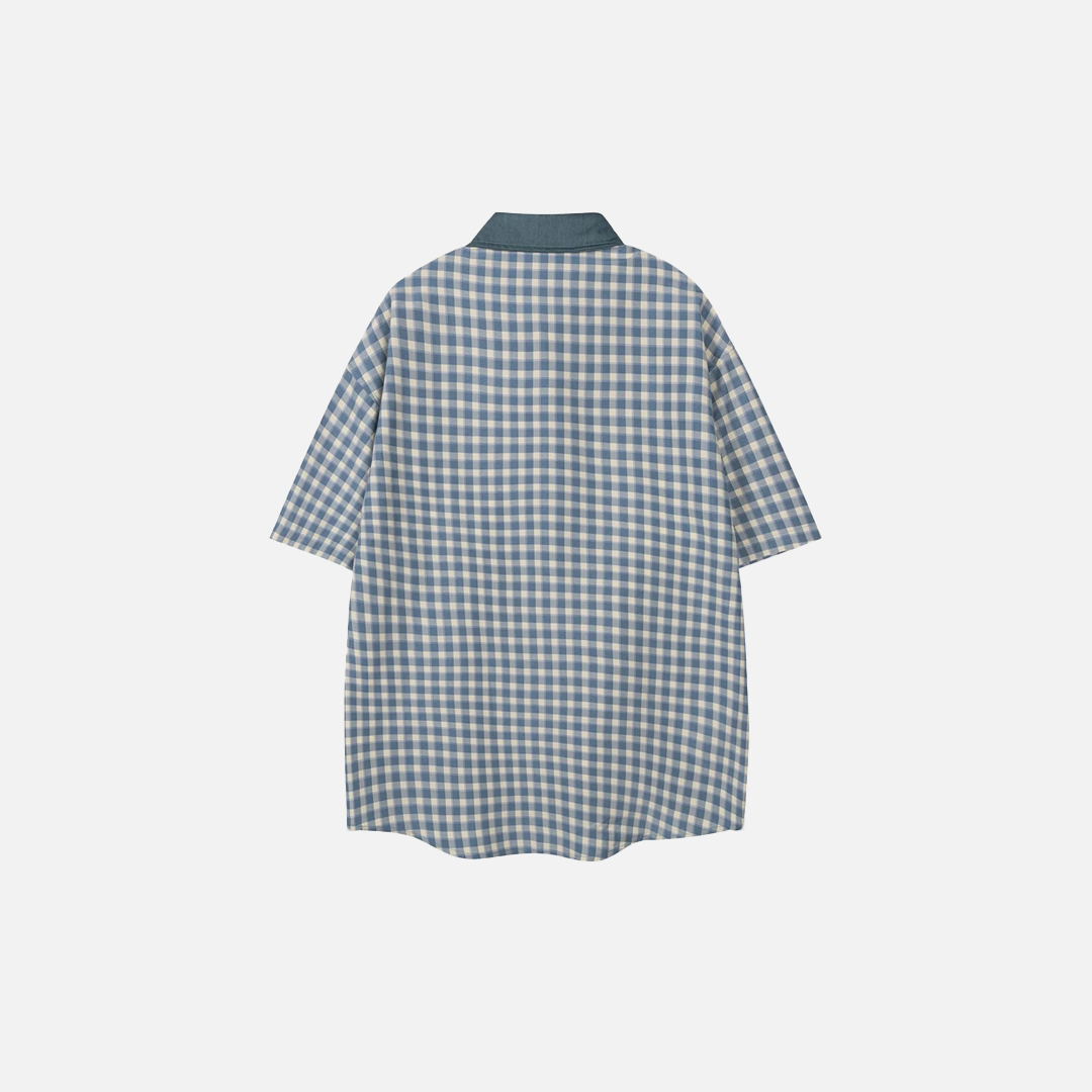Y2K Plaid Cat Embroidery Casual Short Sleeve Shirt - Luxuryurbanwear