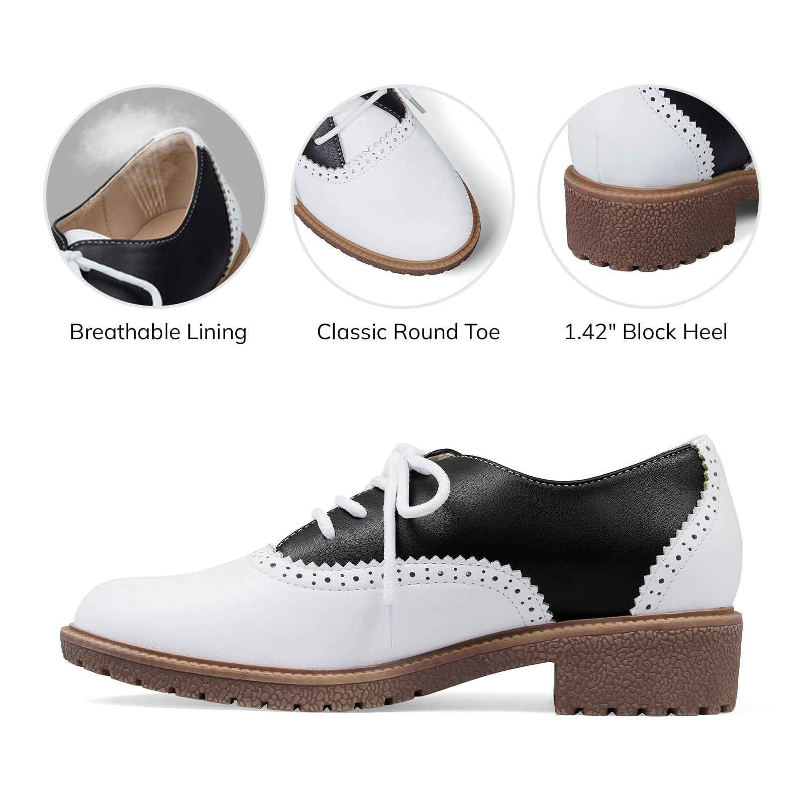 mikarka Vintage Oxford Shoes for Women Perforated Wingtips Brogue Oxfords Low Chunky Heel Lace Up Saddles Dress Pumps Shoes