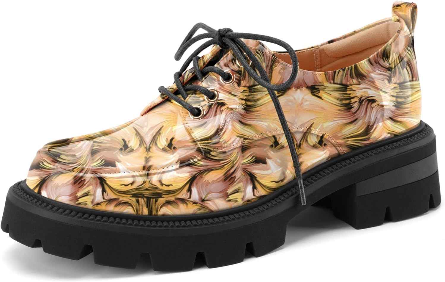 Women's Platform Low Chunky Block Heeled Oxfords Closed Round Toe Lace Up Non-Slip Patent Leather Oxford Heels Lug Sole Casual Dress Comfortable Work Pumps Shoes