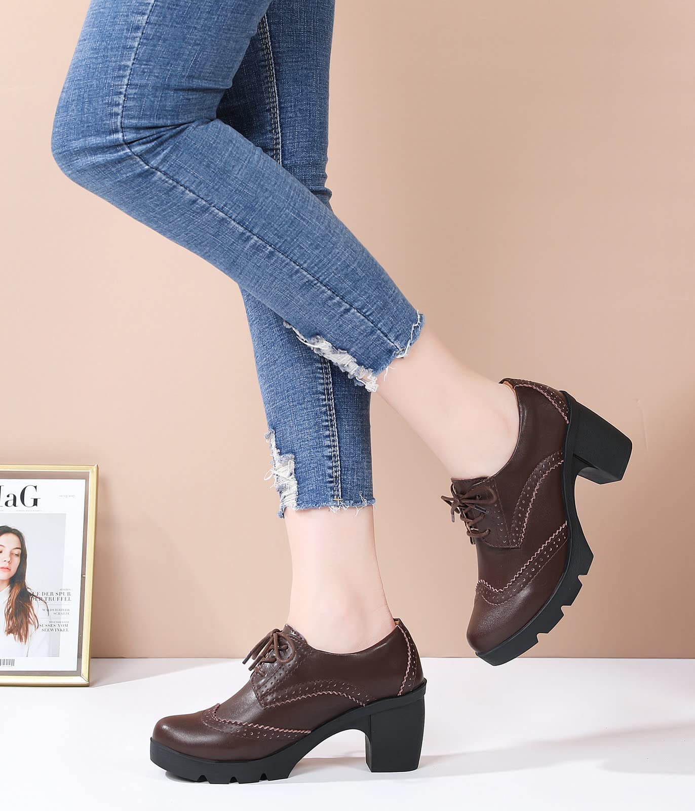 LUW Women's Leather Platform Chunky Oxford Shoes
