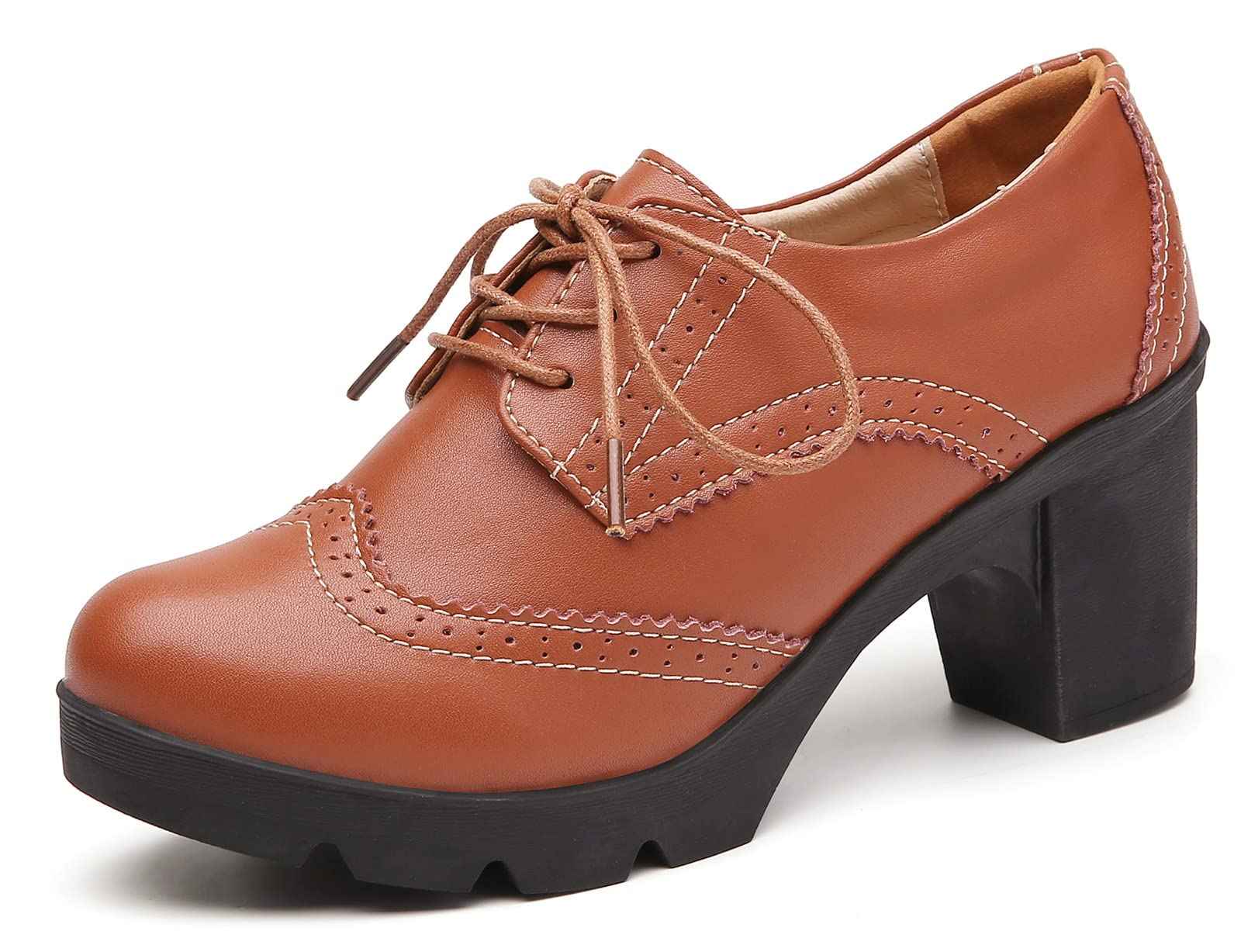 DADAWEN Women's Leather Classic Lace Up Platform Chunky Mid-Heel Square Toe Oxfords Dress Pump Shoes
