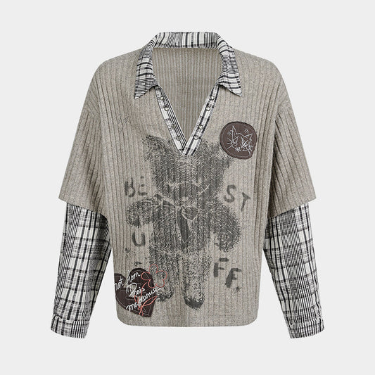 Vintage Plaid Teddy | V-Neck Sweatshirt - Luxuryurbanwear
