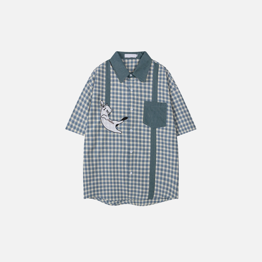 Y2K Plaid Cat Embroidery Casual Short Sleeve Shirt - Luxuryurbanwear
