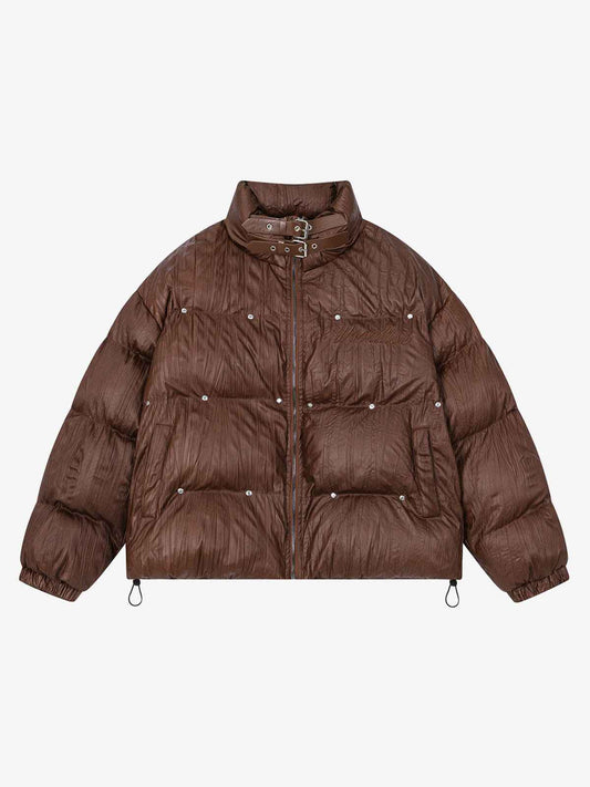 Retro Buckled High-Neck Crinkle Puffer Jacket