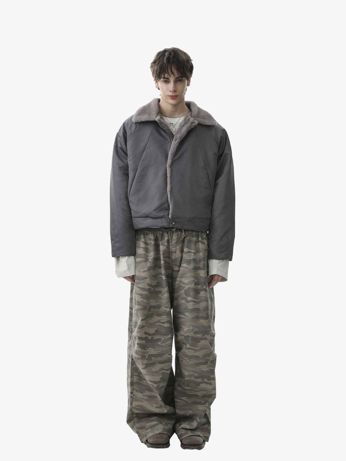 Deconstructed Patchwork Fur Collar Bomber Jacket