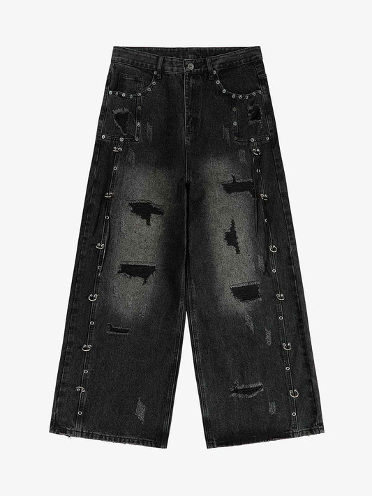 Vintage Washed Distressed Metal Ring Baggy Jeans