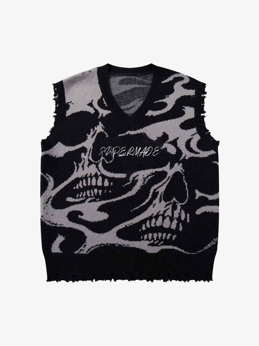 High Street Dark Skull Frayed-edge V-neck Sweater Vest