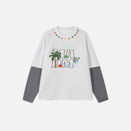 Chic Crew Neck Striped Fake Two Piece Long Sleeve T-Shirt - Luxuryurbanwear