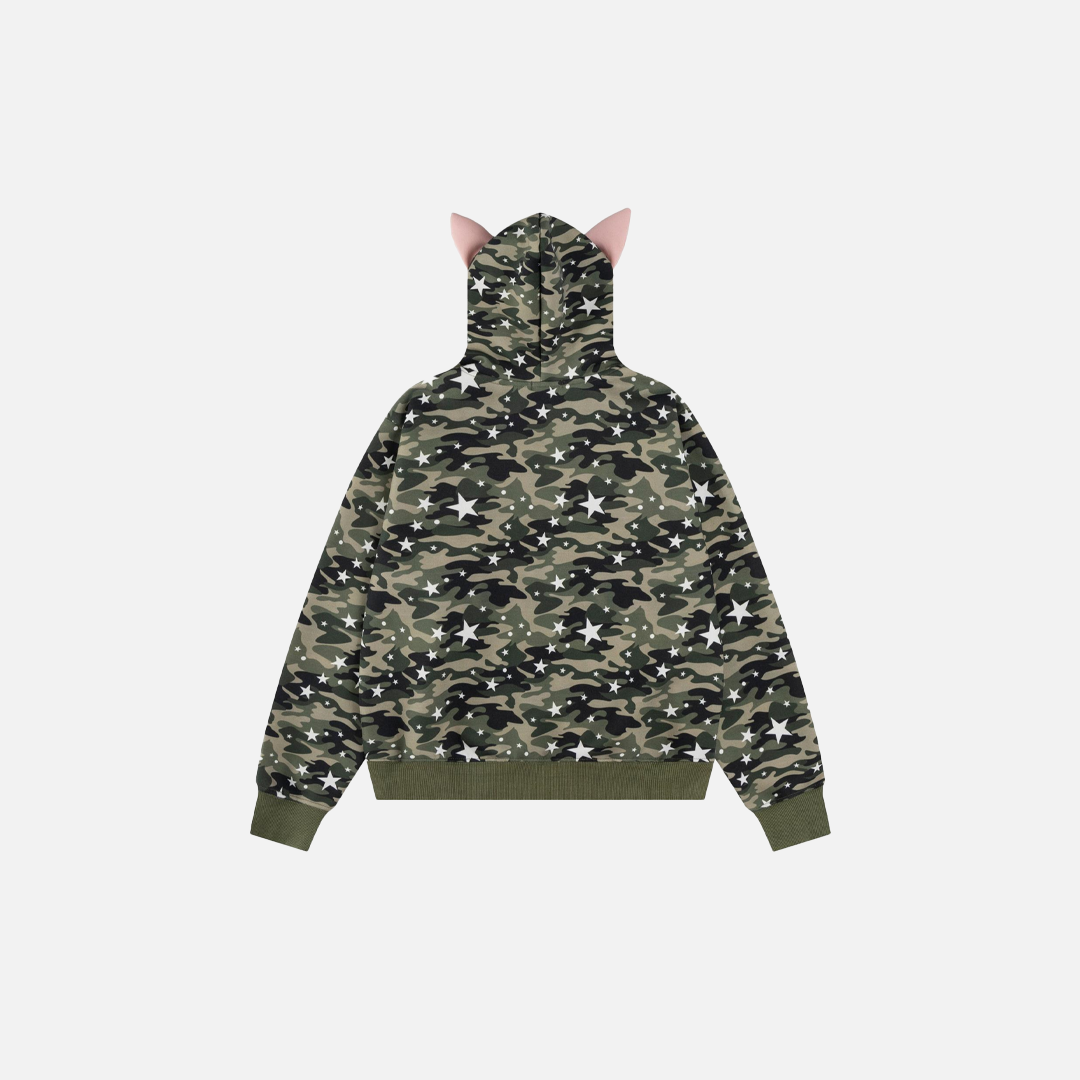 Cool Camo Embroidered Pink Ear Hooded Sweatshirt - Luxuryurbanwear