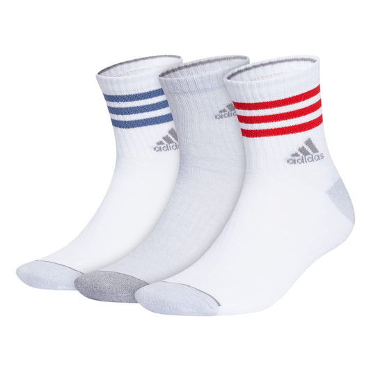 adidas Mens 3-Stripe High Quarter Socks with Arch Compression (3-Pair) White/Better Scarlet/Crew Blue Large