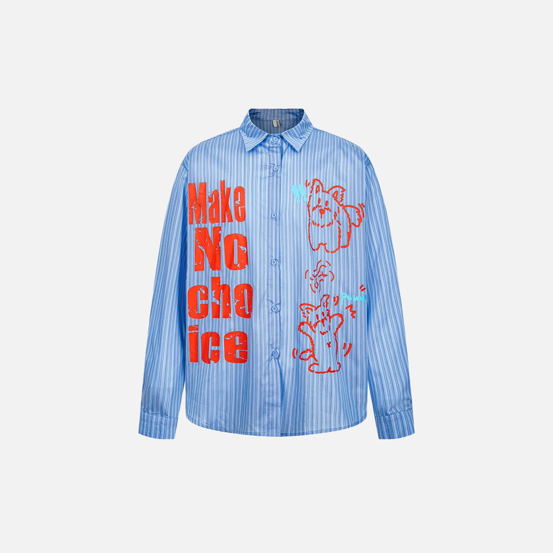Retro Striped Cartoon Print Lapel Long Sleeve Shirt - Luxuryurbanwear