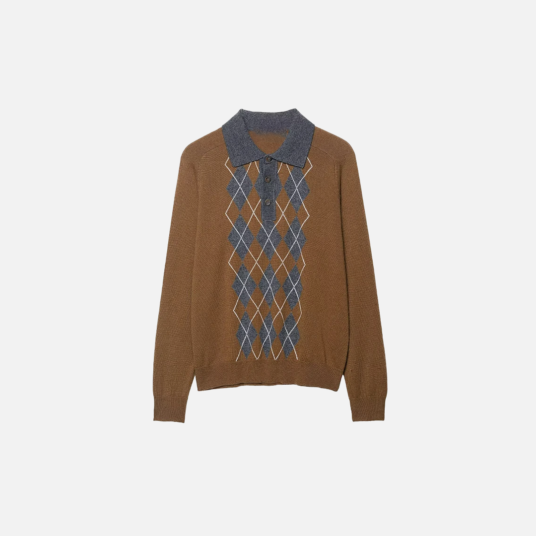 Effortless Argyle Plaid Knitted Polo Sweater - Luxuryurbanwear