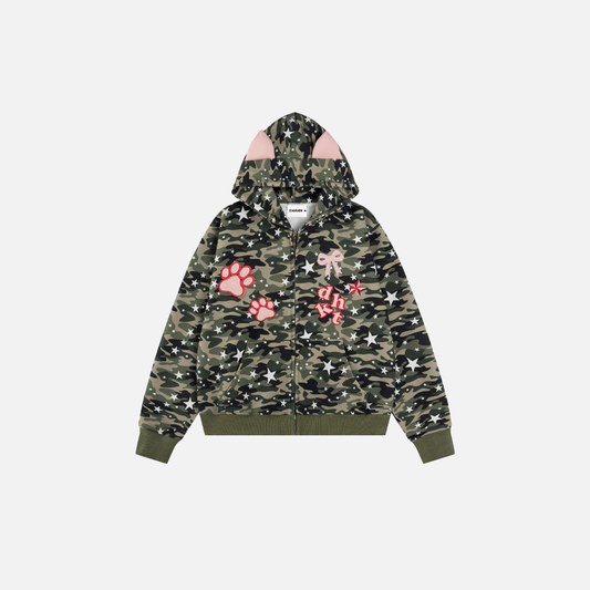Cool Camo Embroidered Pink Ear Hooded Sweatshirt - Luxuryurbanwear