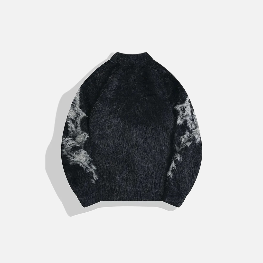 Black Jacquard Faux Fur Zipper Knit Cardigan - Luxuryurbanwear