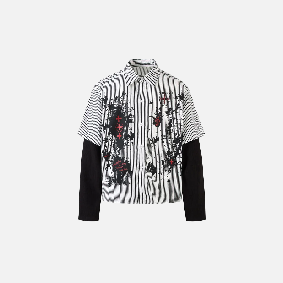 Gothic Fake Two Layered Graphic Long Sleeve Shirt - Luxuryurbanwear