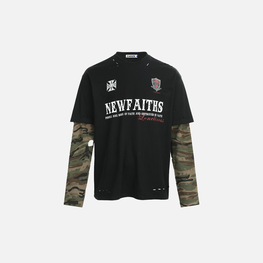 Punk Camo Distressed Loose Long Sleeve T-Shirt - Luxuryurbanwear