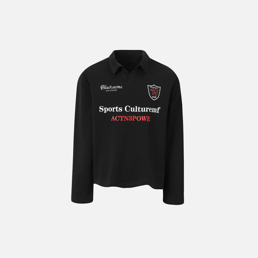Retro Stylish Badge Print Long Sleeve Polo T-Shirt - Luxuryurbanwear