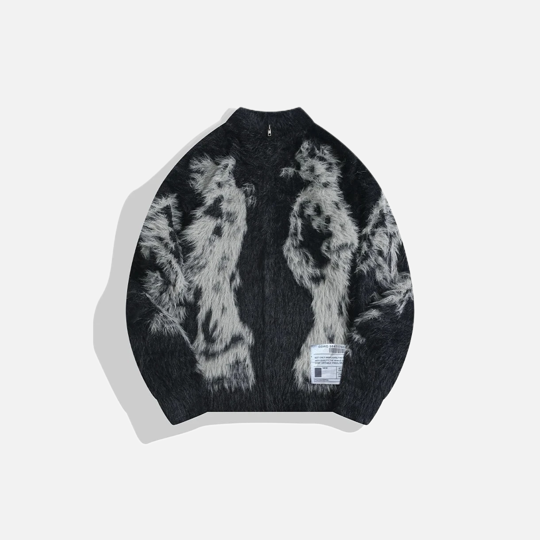Black Jacquard Faux Fur Zipper Knit Cardigan - Luxuryurbanwear