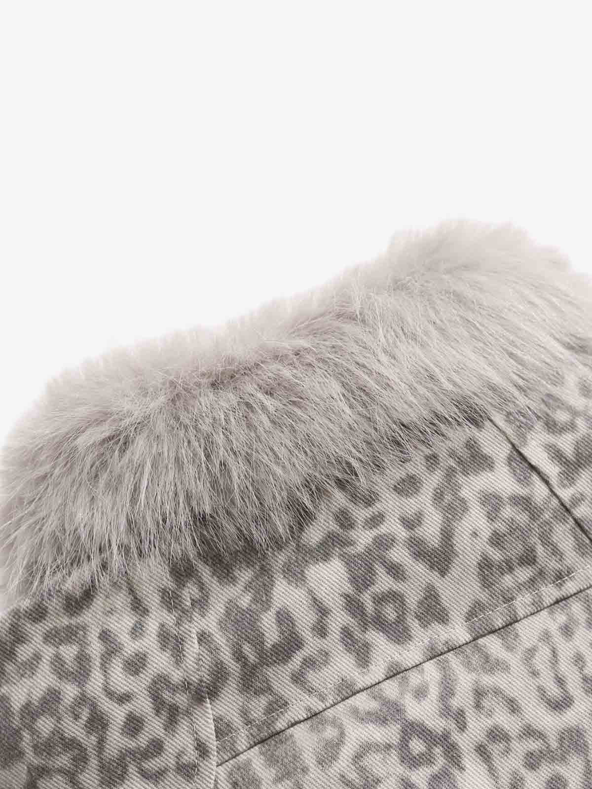 Vintage Leopard Fleece Faux Fur Collar Panel Trim Padded Jacket - Luxuryurbanwear