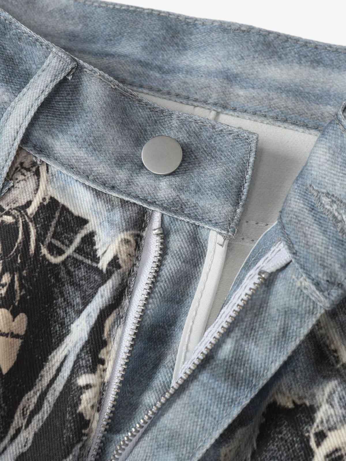 Distressed Patchwork Wide Leg Washed Denim Jeans - Luxuryurbanwear