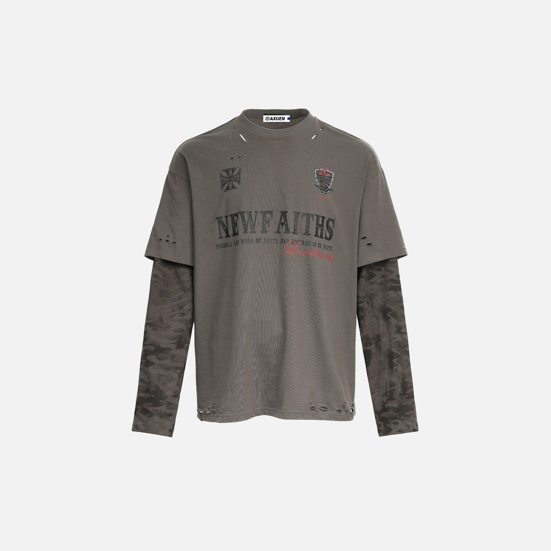 Punk Camo Distressed Loose Long Sleeve T-Shirt - Luxuryurbanwear