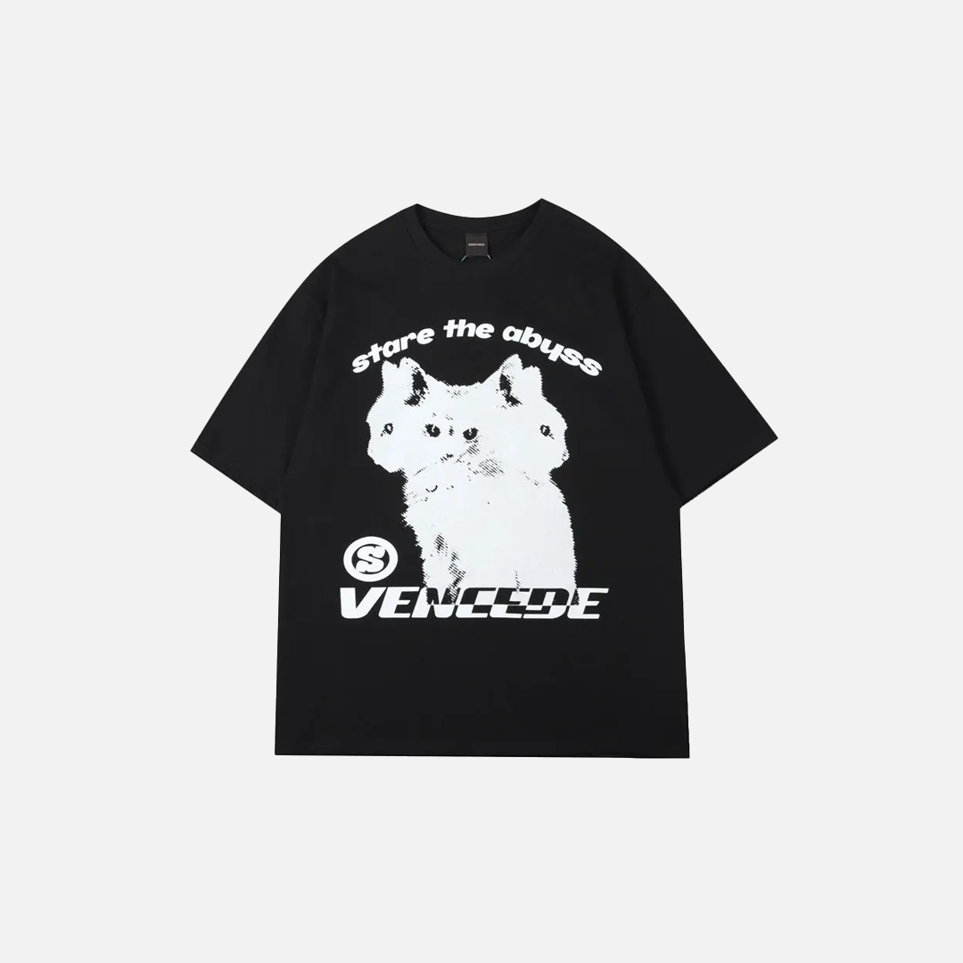 Punk Gothic Cat Print Loose Short Sleeve T-Shirt - Luxuryurbanwear