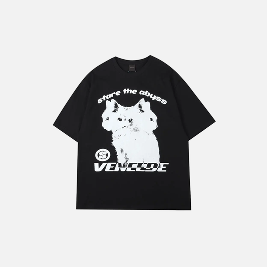 Punk Gothic Cat Print Loose Short Sleeve T-Shirt - Luxuryurbanwear