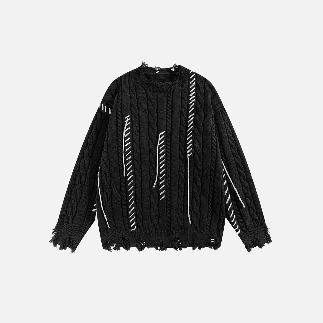 Twist Tear Contrast Stitch Ripped Crewneck Sweater - Luxuryurbanwear