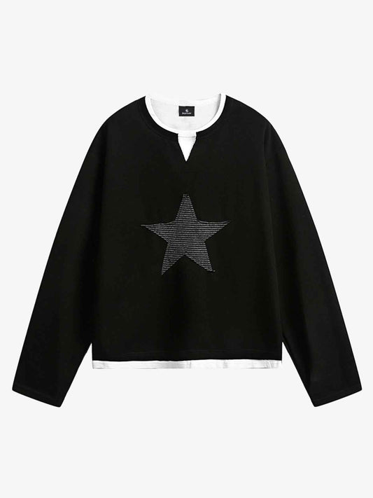 Layered Crewneck Star Print Long-Sleeve T-Shirt