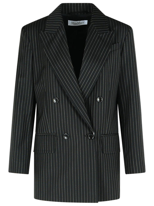 Max Mara 'Mattia' Black White Pinstriped Virgin Wool Blazer Women