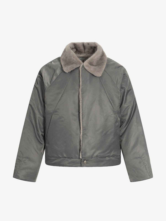 Deconstructed Patchwork Fur Collar Bomber Jacket