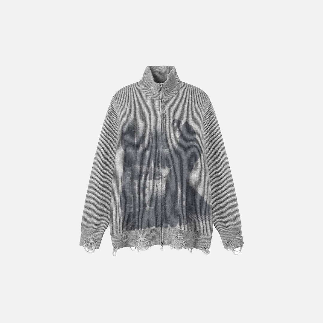 Graffiti Printed Ripped Knitted Zipper Cardigan - Luxuryurbanwear