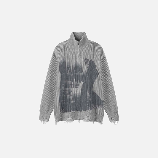 Graffiti Printed Ripped Knitted Zipper Cardigan - Luxuryurbanwear