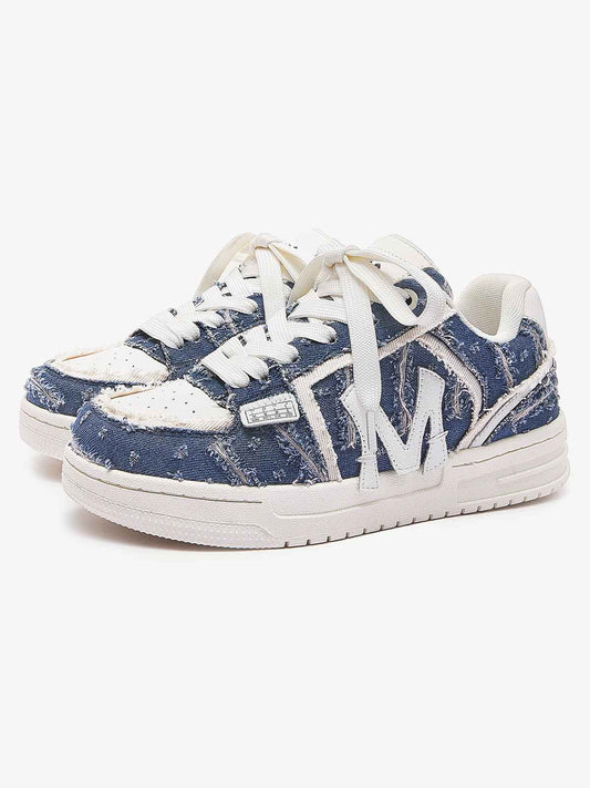 Street Distressed Denim Patchwork Sneakers