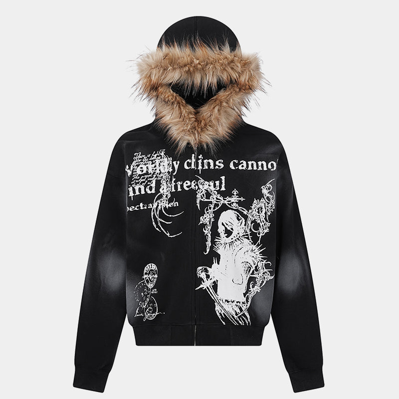 Gothic Distressed Print | Zip-Up Hoodie - Luxuryurbanwear