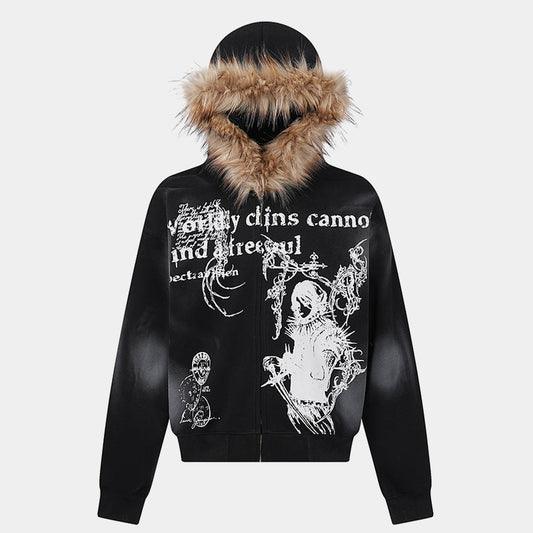 Gothic Distressed Print | Zip-Up Hoodie - Luxuryurbanwear